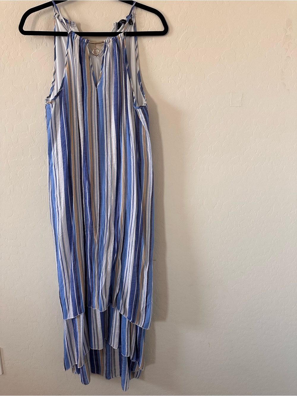 Striped Blue & White High-Low Maxi Dress with Tie Straps